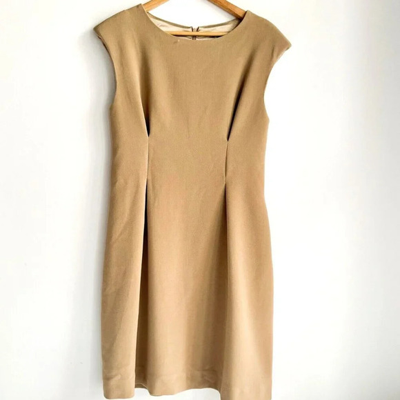 Queen of Hearts  Camel Beige Classic Sleeveless SHeath Midi Dress 3 - Picture 1 of 6